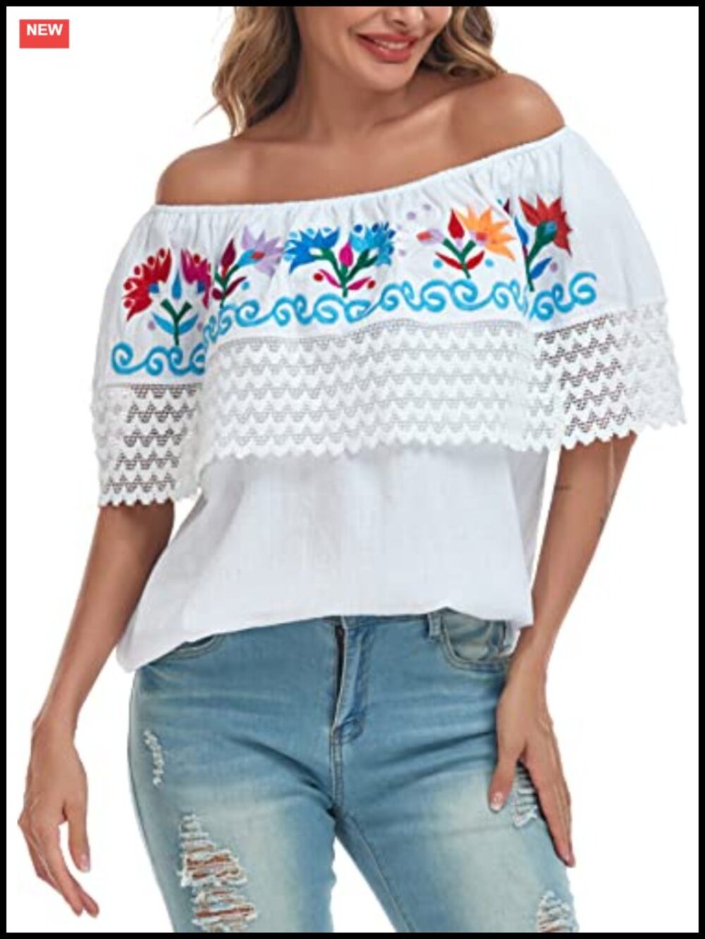 Women's Embroidered Off-Shoulder Peasant Top 100% Cotton